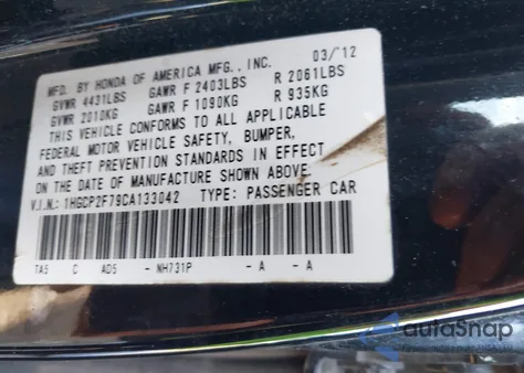 2012 Honda Accord Ex from USA, damaged, VIN 1HGCP2F79CA133042